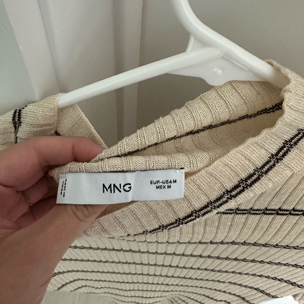 Mango RIB-KNIT SWEATER WITH PERKINS NECK medium brown stripes size M gently used - Picture 7 of 8